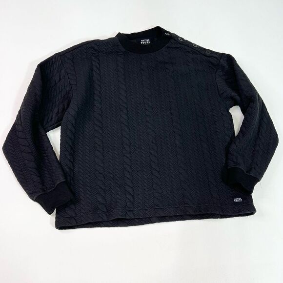 Native Youth Sweater Womens Large Black Stretch Cable Knit Buttoned Shoulder - Picture 1 of 11